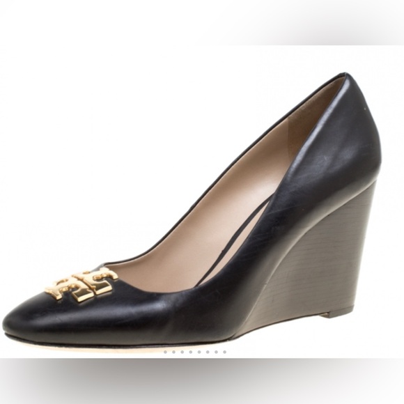 Tory Burch Shoes - Tory Burch Black and Gold Wedges with Sleek Design Raleigh round toe leather